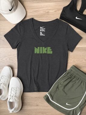 Nike Charcoal V-Neck Tee with Olive Green Logo